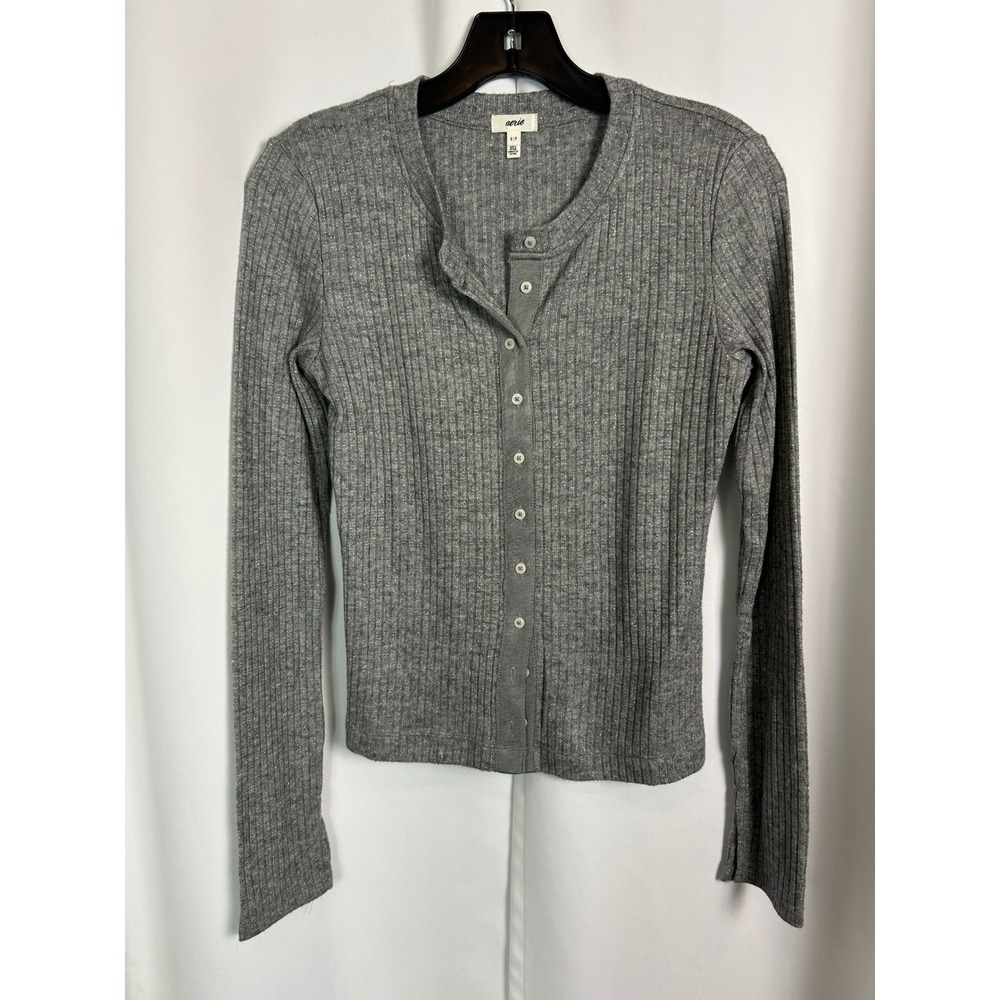Aerie Gray Ribbed Metallic Shimmer Button Front Cardigan Fitted Sweater Small